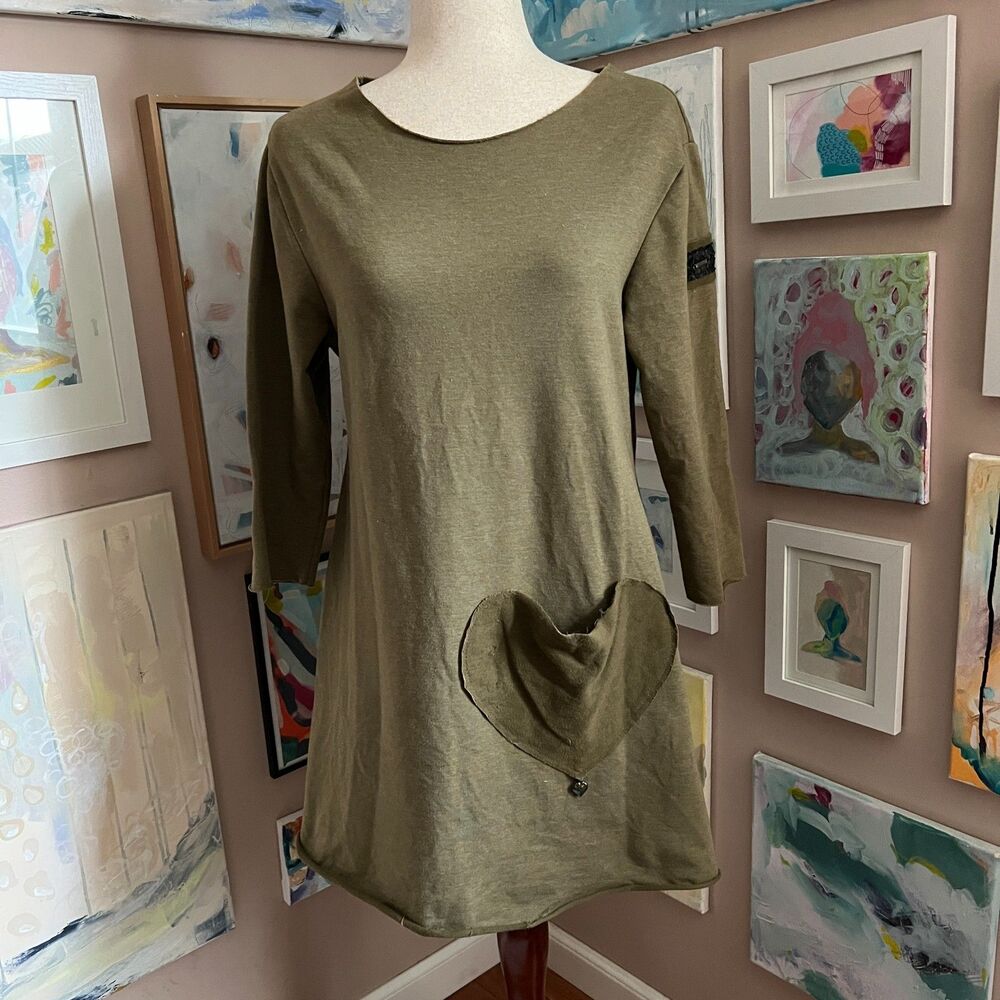 moe Made of Emotion Olive Green Heart Pocket 3/4 Sleeve Tunic Dress Size L Artsy